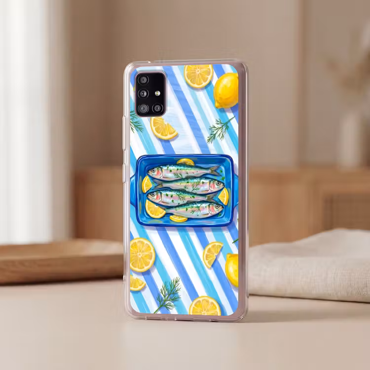 Vis - Citroen - Kruiden - Eten - Blauw Telefoonhoesje Samsung Galaxy A51 5G klein -sfeer2
