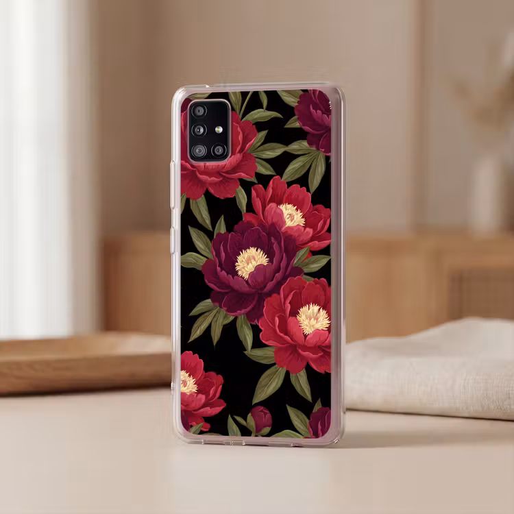 Bloemen - Patroon - Botanisch - Rood - Zwart Telefoonhoesje Samsung Galaxy A51 5G klein -sfeer2