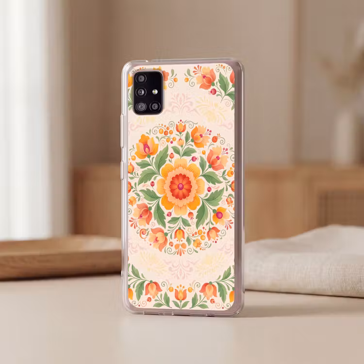Bloemen - Patroon - Decoratief - Oranje Telefoonhoesje Samsung Galaxy A51 5G klein -sfeer2