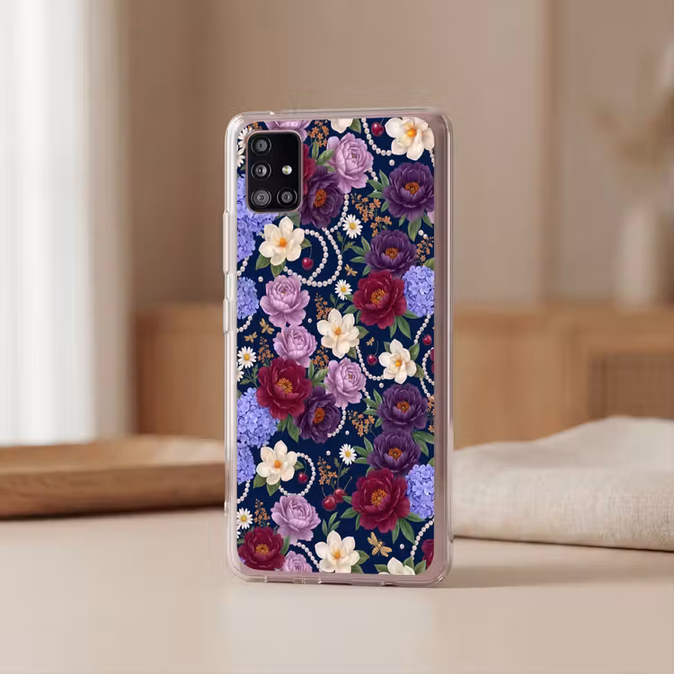 Bloemen - Parels - Decoratie - Modern - Blauw Telefoonhoesje Samsung Galaxy A51 5G klein -sfeer2