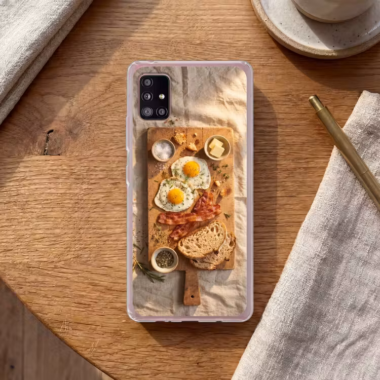 Eten - Ontbijt - Hout - Rustiek - Geel Telefoonhoesje Samsung Galaxy A51 5G klein -sfeer1