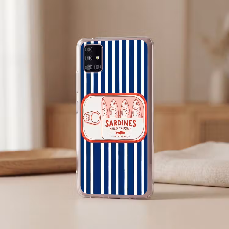 Eten - Vis - Blik - Illustratie - Rood Telefoonhoesje Samsung Galaxy A51 5G klein -sfeer2