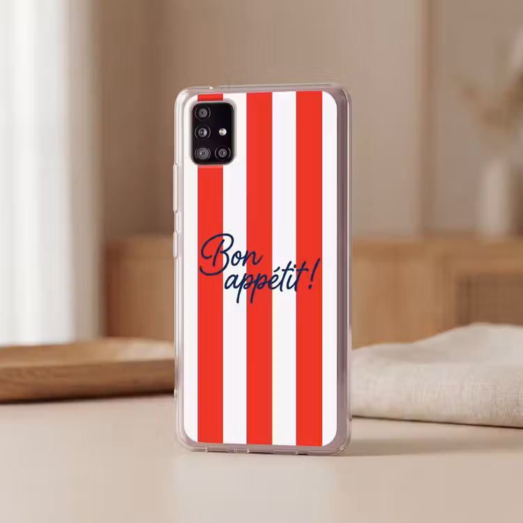 Eten - Spreuk - Keuken - Grafisch - Rood-Wit Telefoonhoesje Samsung Galaxy A51 5G klein -sfeer2