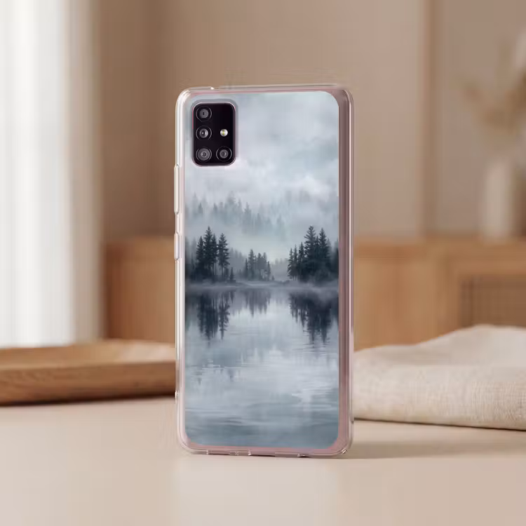 Bos - Meer - Mist - Natuur - Grijs Telefoonhoesje Samsung Galaxy A51 5G klein -sfeer2
