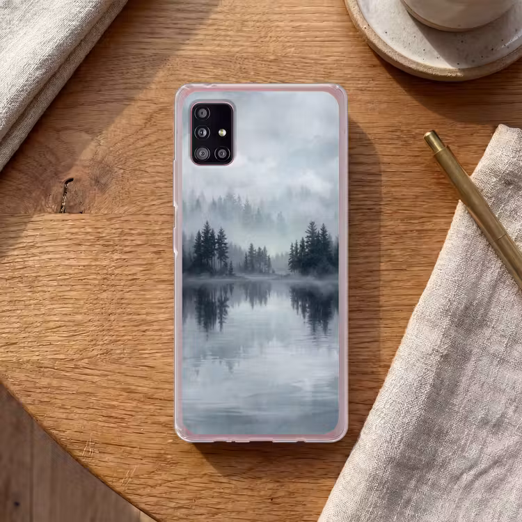Bos - Meer - Mist - Natuur - Grijs Telefoonhoesje Samsung Galaxy A51 5G klein -sfeer1