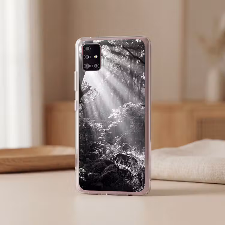 Bos - Lichtstralen - Natuur - Zwart-wit Telefoonhoesje Samsung Galaxy A51 5G klein -sfeer2