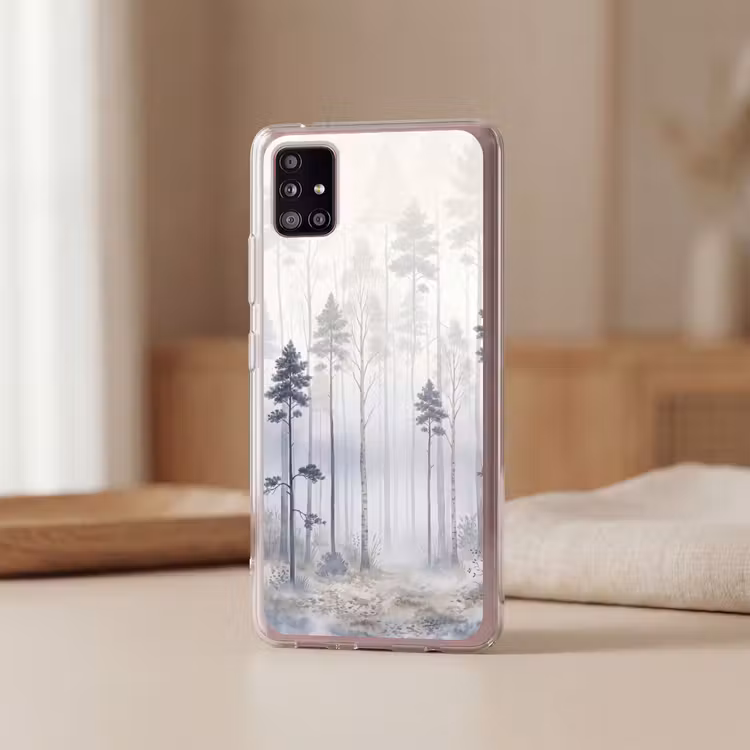 Bos - Bomen - Mist - Natuur - Illustratie - Grijs Telefoonhoesje Samsung Galaxy A51 5G klein -sfeer2