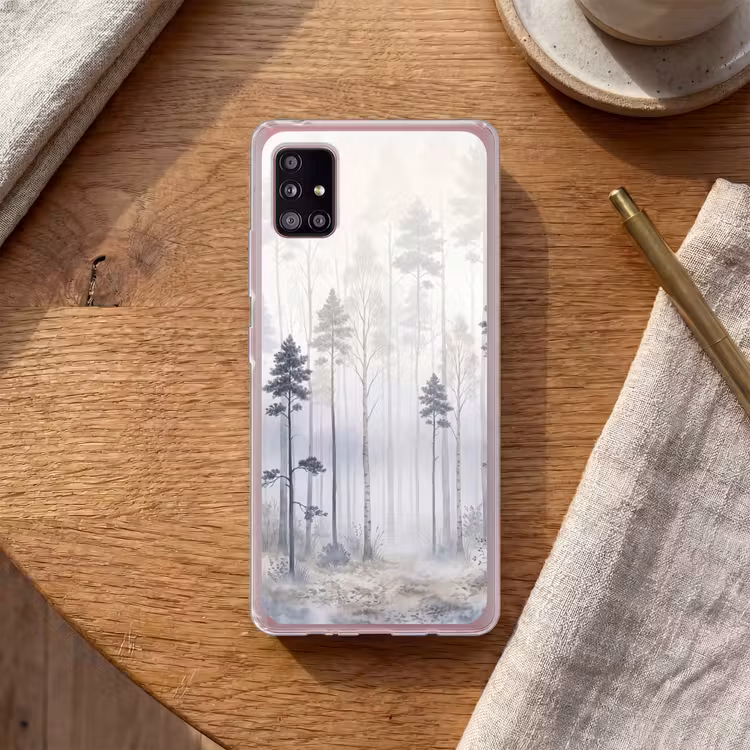 Bos - Bomen - Mist - Natuur - Illustratie - Grijs Telefoonhoesje Samsung Galaxy A51 5G klein -sfeer1