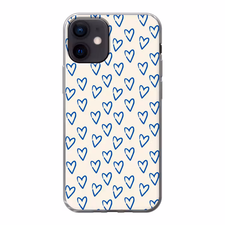 Hartjes patroon - Blauw - Beige - Liefde Telefoonhoesje iPhone 12 Mini klein -3d
