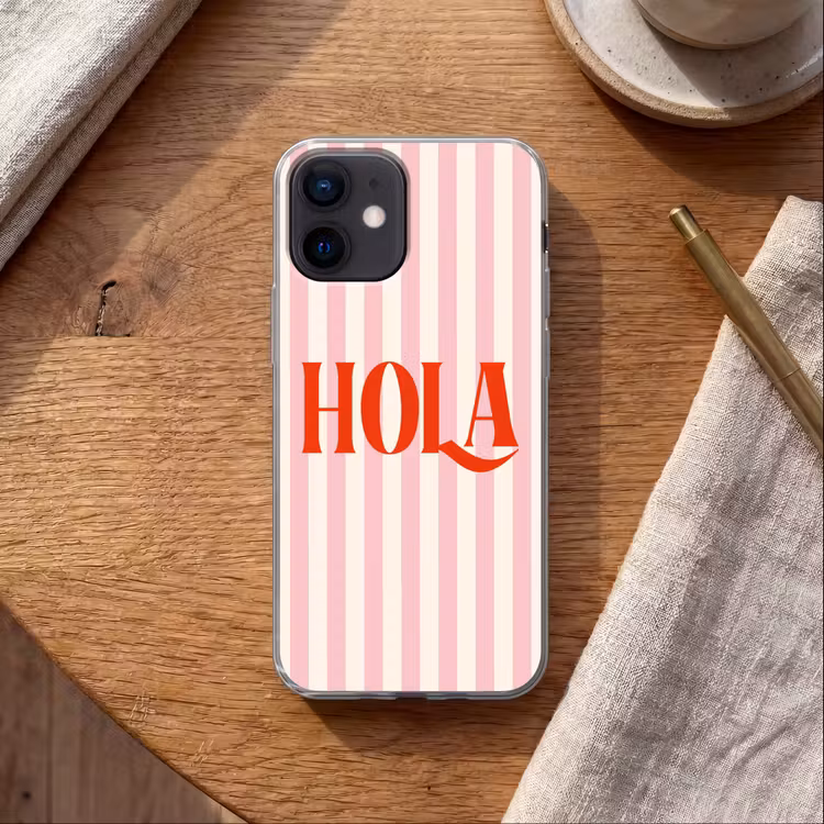 Hola - Quote - Strepen - Pastel - Roze - Rood - Wit Telefoonhoesje iPhone 12 Mini klein -sfeer1