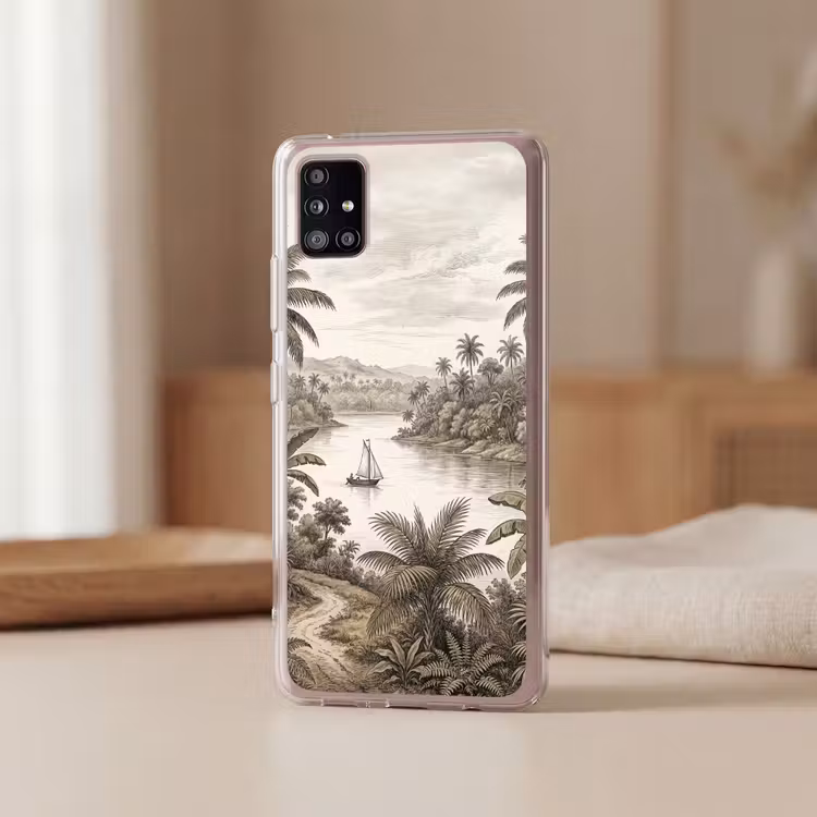 Landschap - Rivier - Boot - Tropisch - Vintage Telefoonhoesje Samsung Galaxy A51 5G klein -sfeer2
