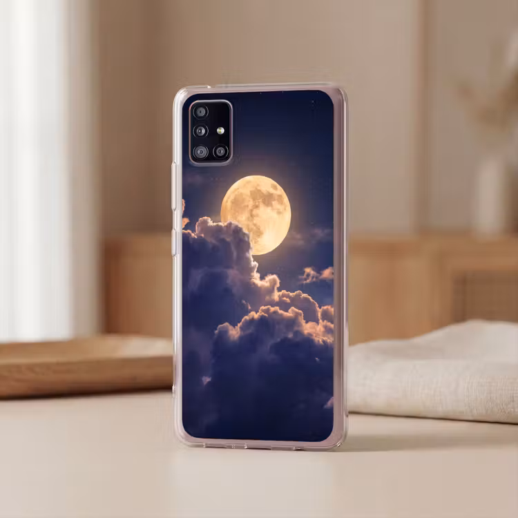 Maan - Wolken - Nacht - Oranje Telefoonhoesje Samsung Galaxy A51 5G klein -sfeer2