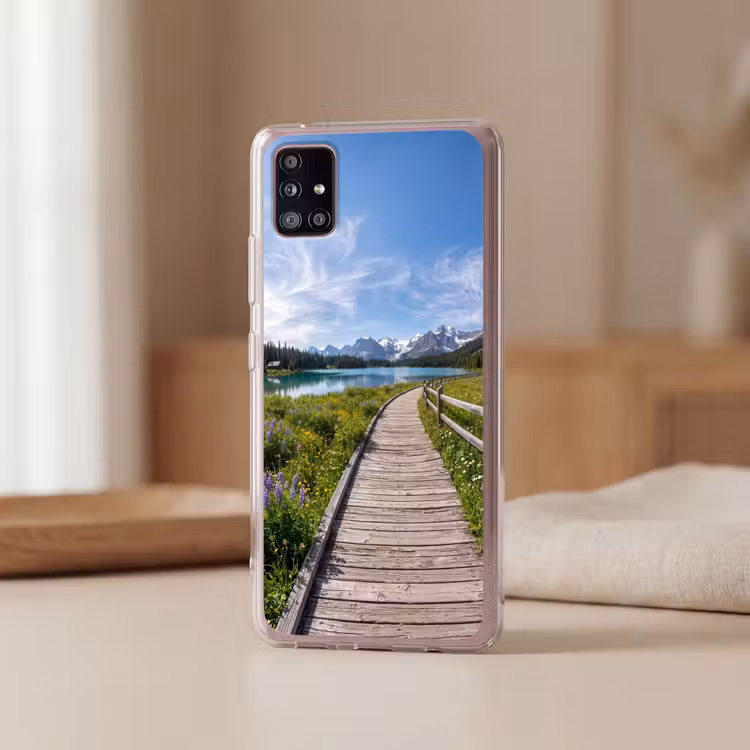 Bergen - Meer - Landschap - Blauw Telefoonhoesje Samsung Galaxy A51 5G klein -sfeer2