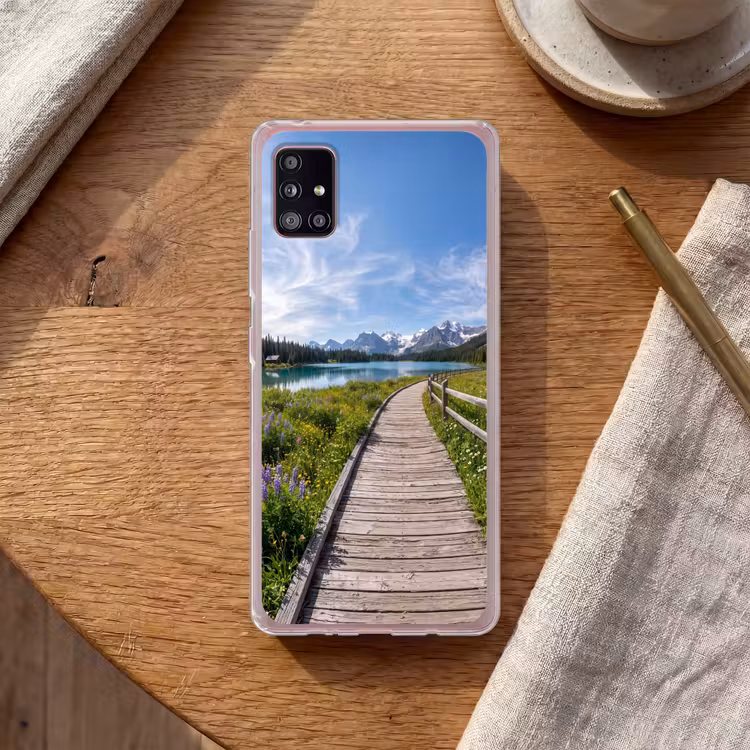 Bergen - Meer - Landschap - Blauw Telefoonhoesje Samsung Galaxy A51 5G klein -sfeer1
