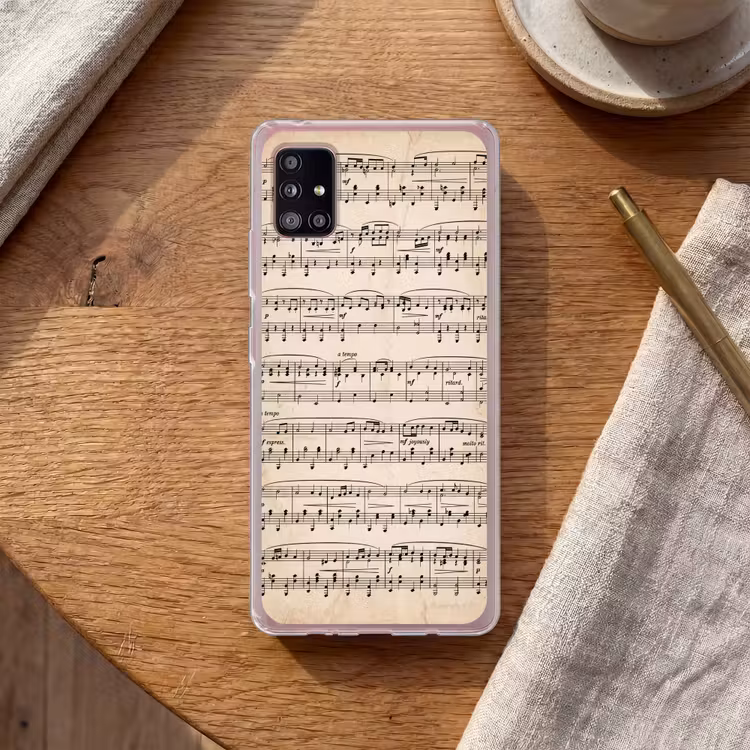 Muzieknotatie - Notenbalken - Kunst - Klassiek - Beige Telefoonhoesje Samsung Galaxy A51 5G klein -sfeer1