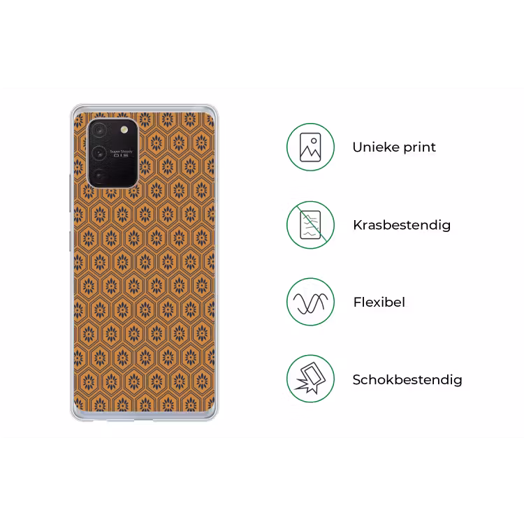 Okergeel - Patroon - Bloem - Donkerblauw Telefoonhoesje Samsung Galaxy S10 Lite klein 364 -specsS10Lite