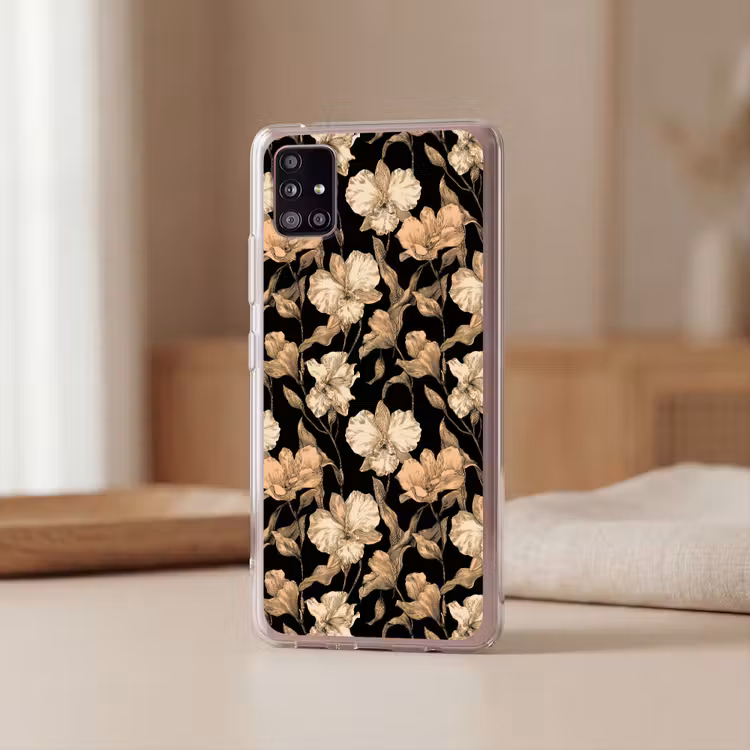 Orchideeën - Lijntekening - Patroon - Beige - Zwart Telefoonhoesje Samsung Galaxy A51 5G klein 373 -sfeer2