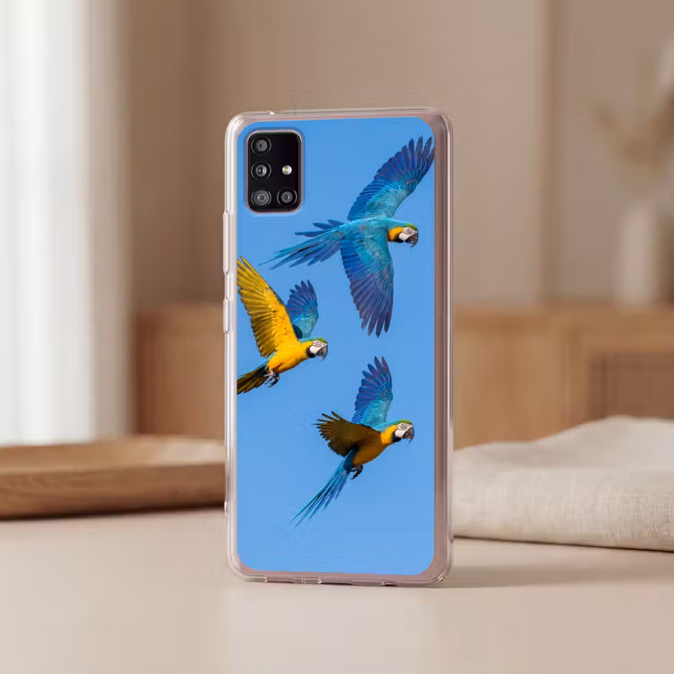 Papagaai - Vliegen - Blauw - Geel Telefoonhoesje Samsung Galaxy A51 5G klein -sfeer2