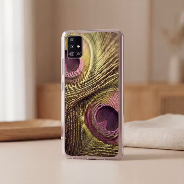 Pauw - Veren - Paars - Groen Telefoonhoesje Samsung Galaxy A51 5G klein -sfeer2