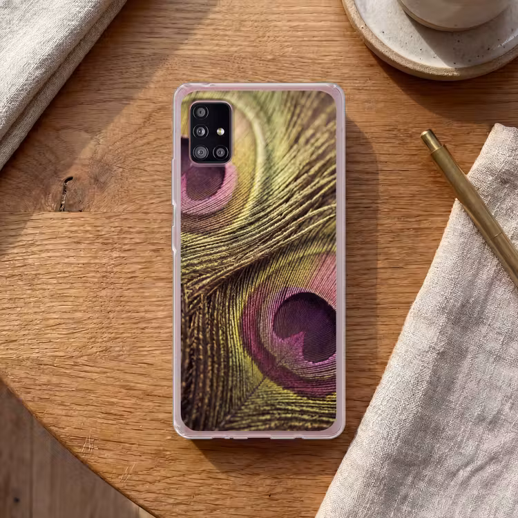 Pauw - Veren - Paars - Groen Telefoonhoesje Samsung Galaxy A51 5G klein -sfeer1