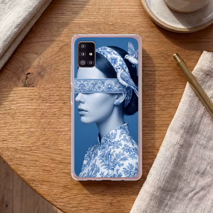 Portret - Klassiek - Wit - Blauw Telefoonhoesje Samsung Galaxy A51 5G klein -sfeer1