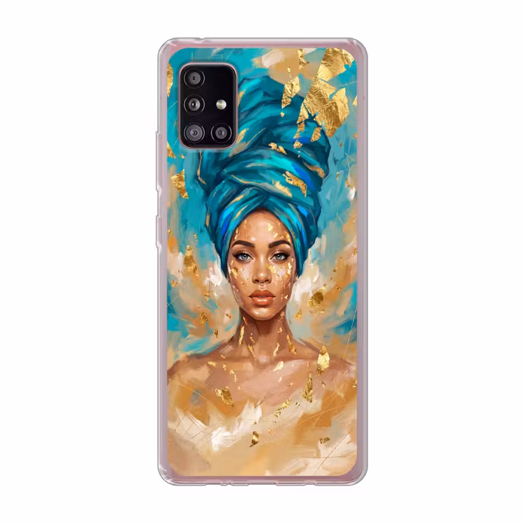 Portret - Vrouw - Schilderij - Blauw - Goud - Expressief Telefoonhoesje Samsung Galaxy A51 5G klein -3d