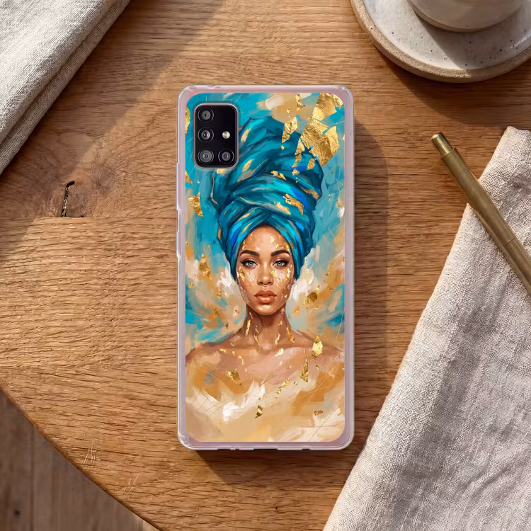 Portret - Vrouw - Schilderij - Blauw - Goud - Expressief Telefoonhoesje Samsung Galaxy A51 5G klein -sfeer1