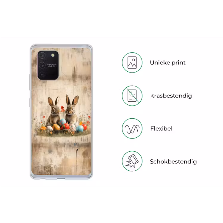 Konijnen - Bloemen - Eieren Telefoonhoesje Samsung Galaxy S10 Lite klein -specsS10Lite