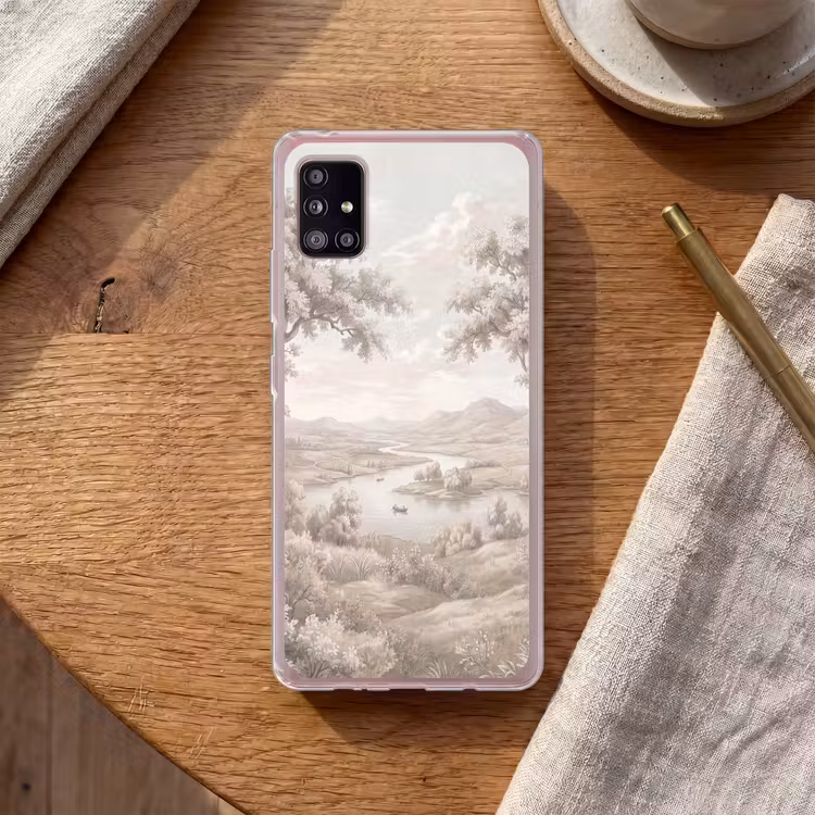 Rivierlandschap - Bergen - Natuur - Vintage - Beige Telefoonhoesje Samsung Galaxy A51 5G klein -sfeer1