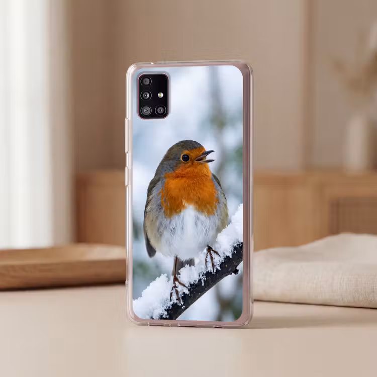 Roodborstje - Tak - Sneeuw - Winter - Levendig Telefoonhoesje Samsung Galaxy A51 5G klein -sfeer2