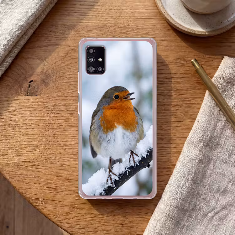 Roodborstje - Tak - Sneeuw - Winter - Levendig Telefoonhoesje Samsung Galaxy A51 5G klein -sfeer1