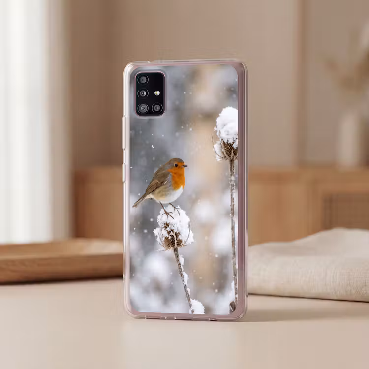 Roodborstje - Gedroogde bloem - Sneeuw - Winter - Vertederend Telefoonhoesje Samsung Galaxy A51 5G klein -sfeer2