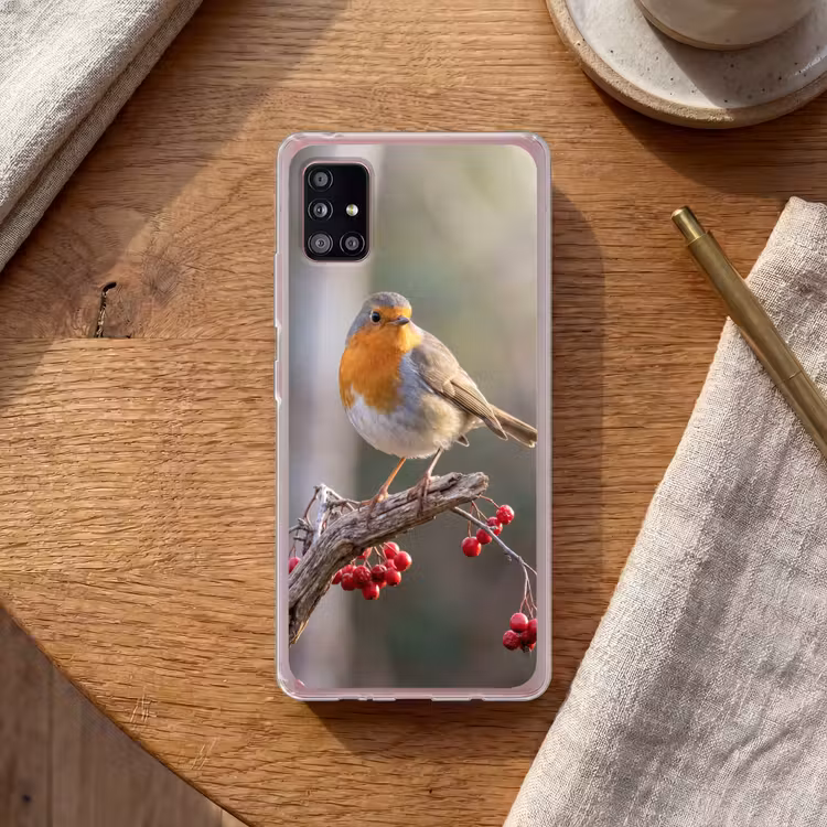 Roodborst - Tak - Bessen - Natuur Telefoonhoesje Samsung Galaxy A51 5G klein -sfeer1