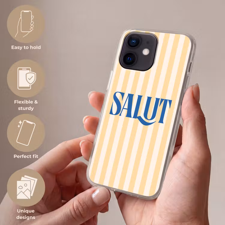 Salut - Quote - Strepen - Geel - Blauw - Wit Telefoonhoesje iPhone 12 Mini klein -sfeer3_EN