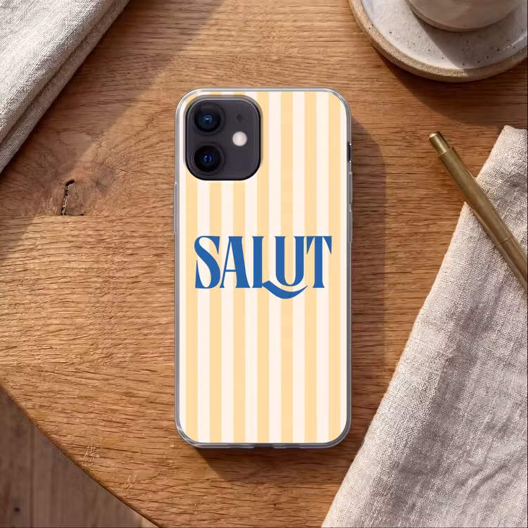 Salut - Quote - Strepen - Geel - Blauw - Wit Telefoonhoesje iPhone 12 Mini klein -sfeer1