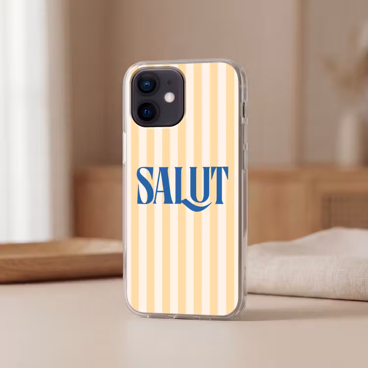 Salut - Quote - Strepen - Geel - Blauw - Wit Telefoonhoesje iPhone 12 Mini klein -sfeer2