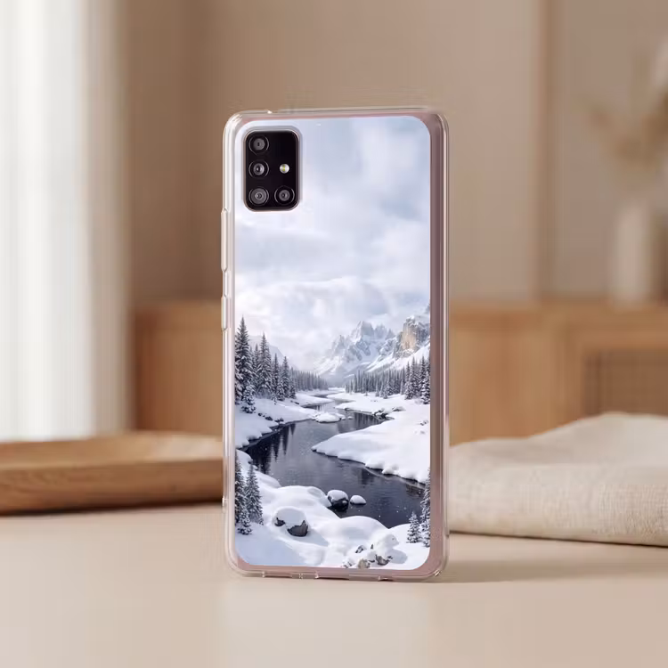 Sneeuwlandschap - Bergen - Rivier - Winter Telefoonhoesje Samsung Galaxy A51 5G klein -sfeer2