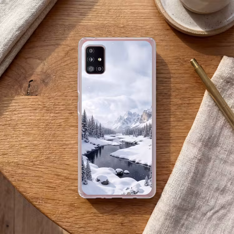 Sneeuwlandschap - Bergen - Rivier - Winter Telefoonhoesje Samsung Galaxy A51 5G klein -sfeer1