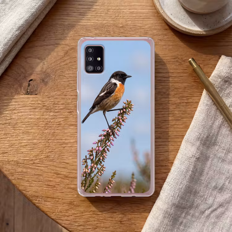 Roodborsttapuit - Heide - Paars - Natuur - Sfeervol Telefoonhoesje Samsung Galaxy A51 5G klein -sfeer1