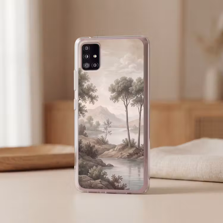 Bomen - Meer - Bergen - Illustratie Telefoonhoesje Samsung Galaxy A51 5G klein -sfeer2