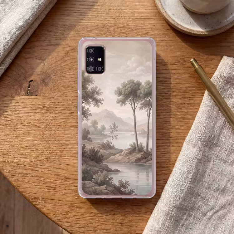 Bomen - Meer - Bergen - Illustratie Telefoonhoesje Samsung Galaxy A51 5G klein -sfeer1