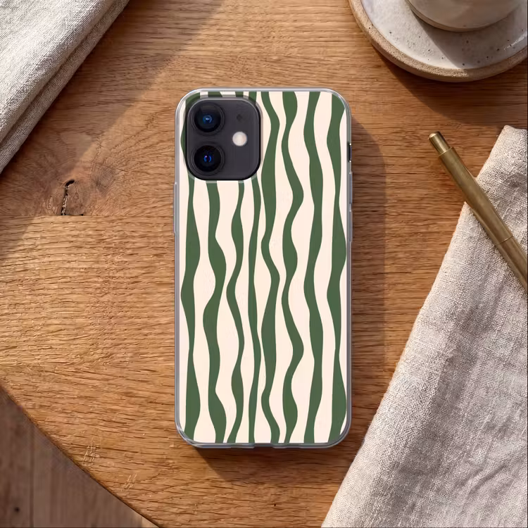 Golvende lijnen - Beige - Groen - Strepen - Abstract Telefoonhoesje iPhone 12 Mini klein -sfeer1