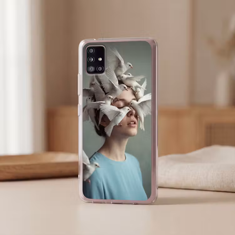 Vrouw - Vogels - Abstract - Modern - Wit Telefoonhoesje Samsung Galaxy A51 5G klein -sfeer2