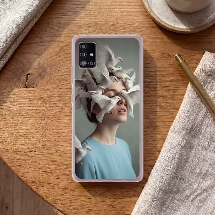 Vrouw - Vogels - Abstract - Modern - Wit Telefoonhoesje Samsung Galaxy A51 5G klein -sfeer1