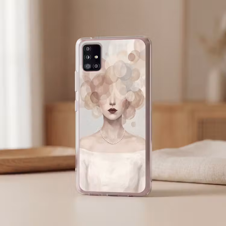Vrouw - Cirkels - Beige Telefoonhoesje Samsung Galaxy A51 5G klein -sfeer2