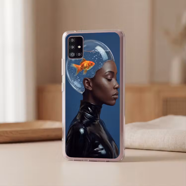 Vrouw - Goudvis - Hoofd - Abstract - Blauw Telefoonhoesje Samsung Galaxy A51 5G klein -sfeer2