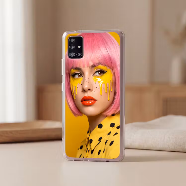 Vrouw - Portret - Abstract - Kleurrijk - Geel Telefoonhoesje Samsung Galaxy A51 5G klein -sfeer2