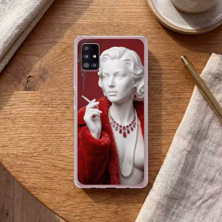 Vrouw - Bontjas - Mode - Klassiek - Rood Telefoonhoesje Samsung Galaxy A51 5G klein -sfeer1