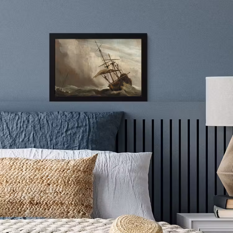 Een schip in volle zee bij vliegende storm - Schilderij van Willem van de Velde fotolijst zwart zonder passe partout klein -sfeer3