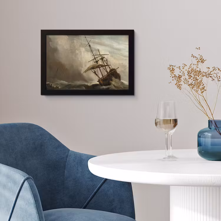 Een schip in volle zee bij vliegende storm - Schilderij van Willem van de Velde fotolijst zwart zonder passe partout klein -sfeer4